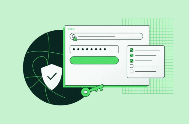 Illustration of WordPress security: a login form with a password field, a security checklist, a shield and a key